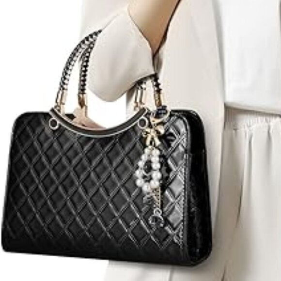 Neiman Marcus Shiny Black Patent Leather Floral Charm Handbag - Picture 1 of 4